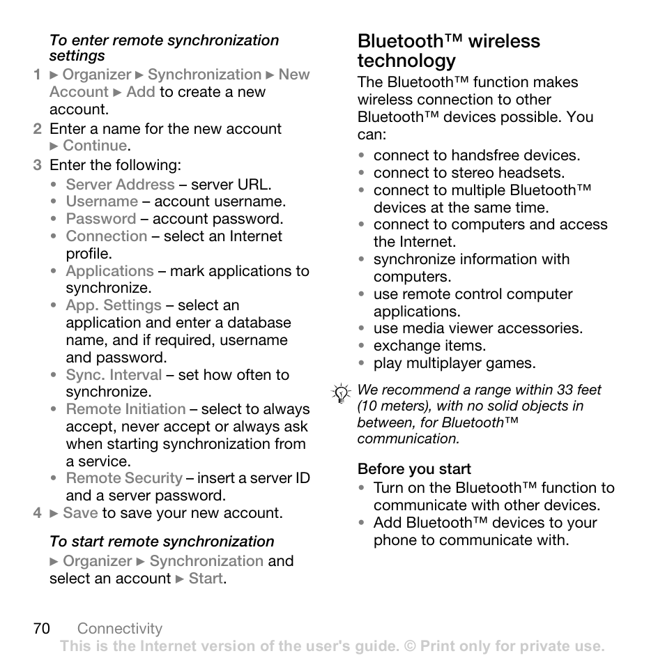 Bluetooth™ wireless technology, Before you start | Sony Ericsson Z710c User Manual | Page 70 / 99