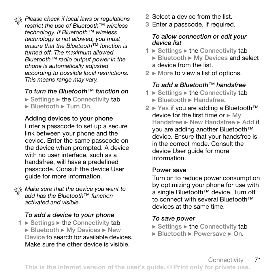 Adding devices to your phone, Power save | Sony Ericsson Z710c User Manual | Page 71 / 99