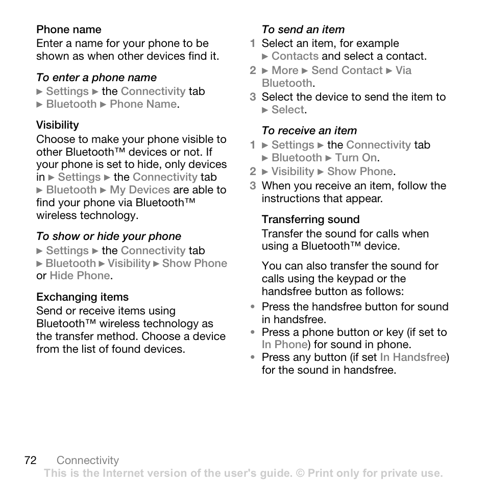 Phone name, Visibility, Exchanging items | Transferring sound | Sony Ericsson Z710c User Manual | Page 72 / 99
