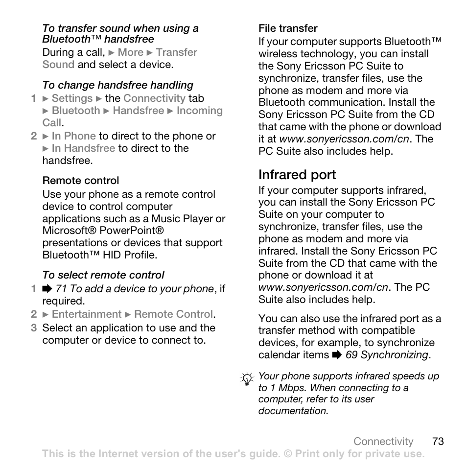 Remote control, File transfer, Infrared port | Sony Ericsson Z710c User Manual | Page 73 / 99