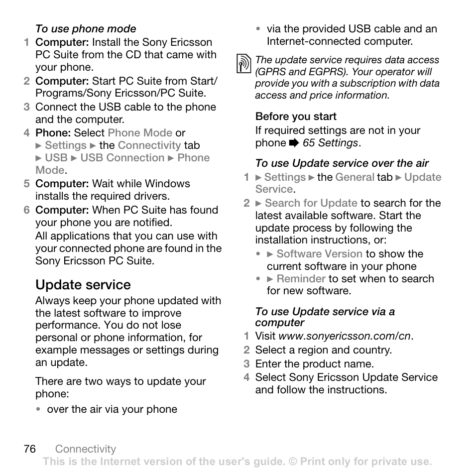 Update service, Before you start | Sony Ericsson Z710c User Manual | Page 76 / 99