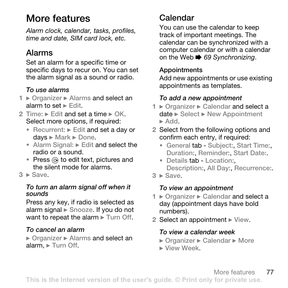 More features, Alarms, Calendar | Appointments, 77 alarms | Sony Ericsson Z710c User Manual | Page 77 / 99