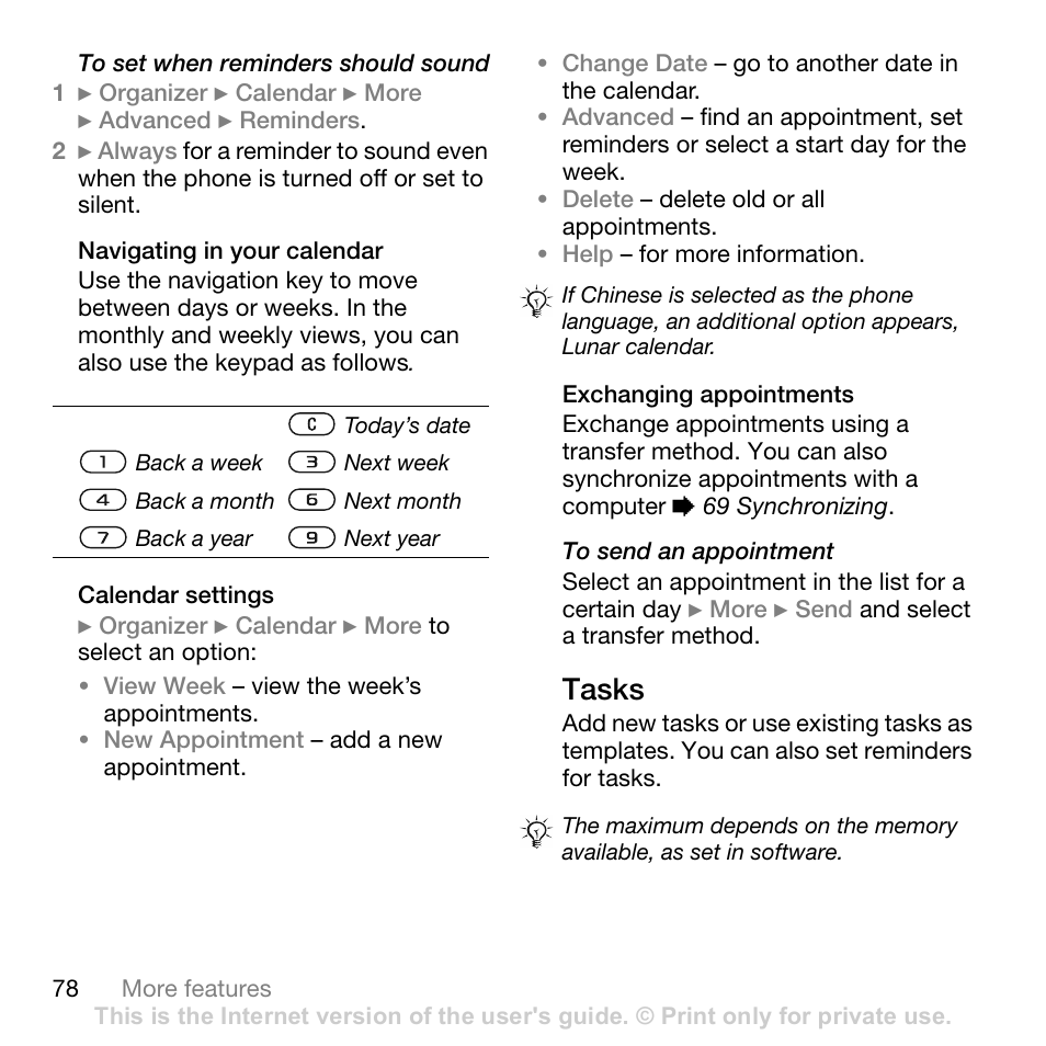 Navigating in your calendar, Calendar settings, Exchanging appointments | Tasks | Sony Ericsson Z710c User Manual | Page 78 / 99