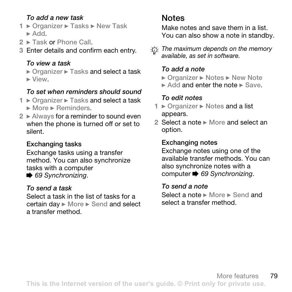 Exchanging tasks, Notes, Exchanging notes | Sony Ericsson Z710c User Manual | Page 79 / 99