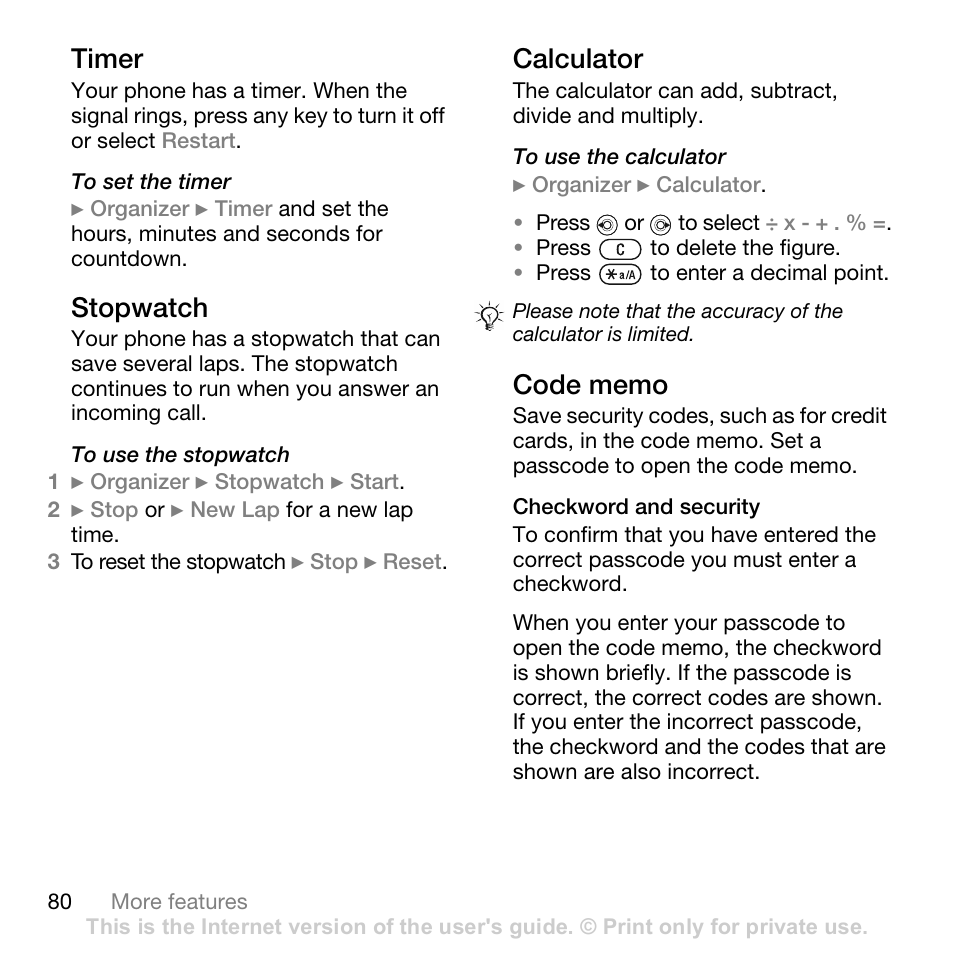 Timer, Stopwatch, Calculator | Code memo, Checkword and security | Sony Ericsson Z710c User Manual | Page 80 / 99
