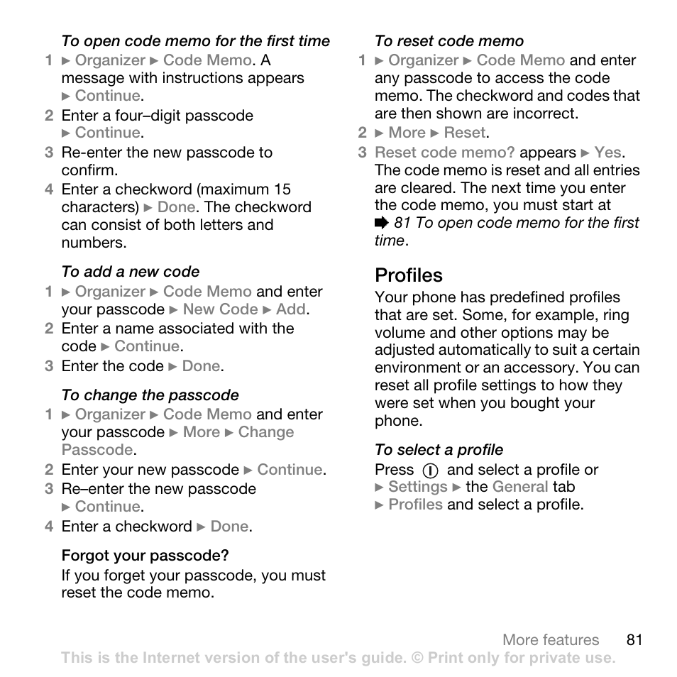 Forgot your passcode, Profiles | Sony Ericsson Z710c User Manual | Page 81 / 99