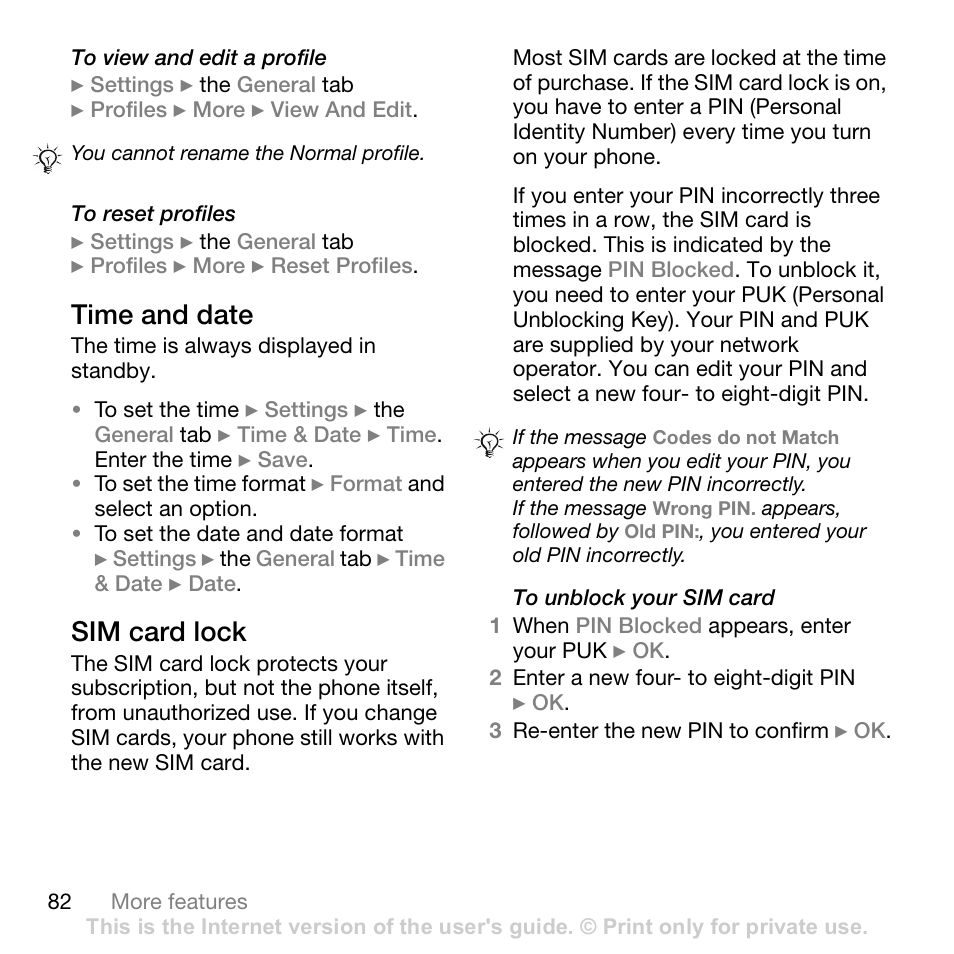 Time and date, Sim card lock, 82 sim card lock | Sony Ericsson Z710c User Manual | Page 82 / 99