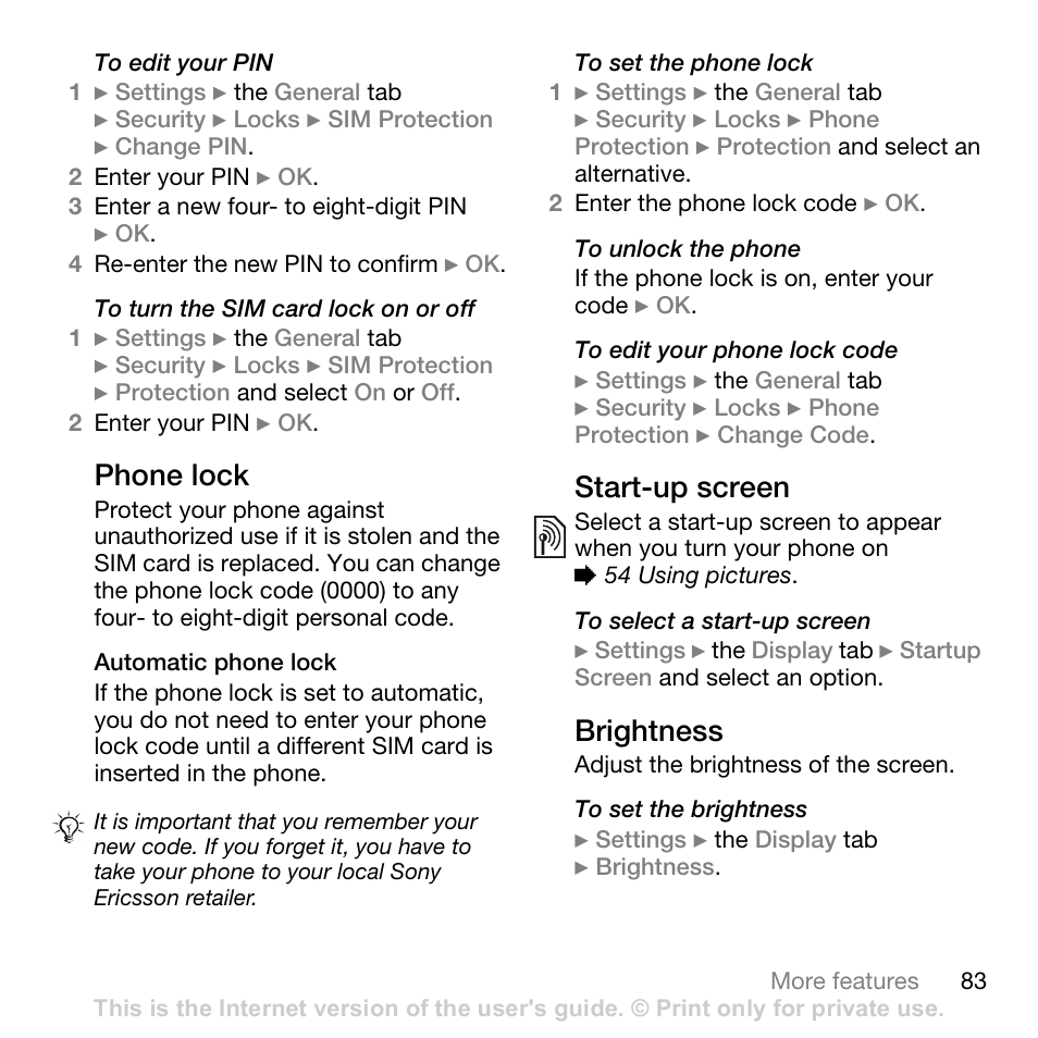 Phone lock, Automatic phone lock, Start-up screen | Brightness | Sony Ericsson Z710c User Manual | Page 83 / 99
