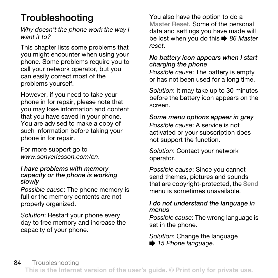 Troubleshooting, Why doesn’t the phone work the way i want it to | Sony Ericsson Z710c User Manual | Page 84 / 99