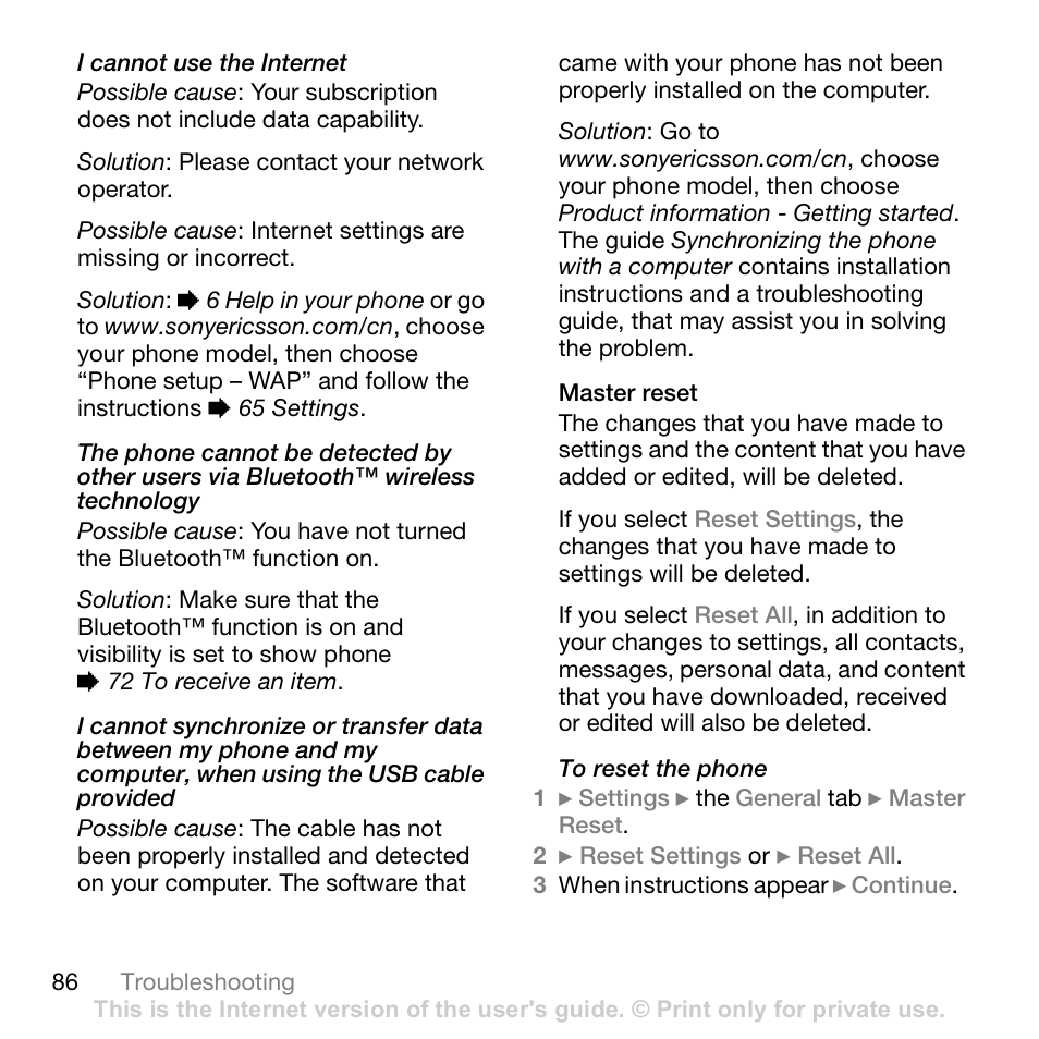 Master reset, 86 master, Reset | Sony Ericsson Z710c User Manual | Page 86 / 99