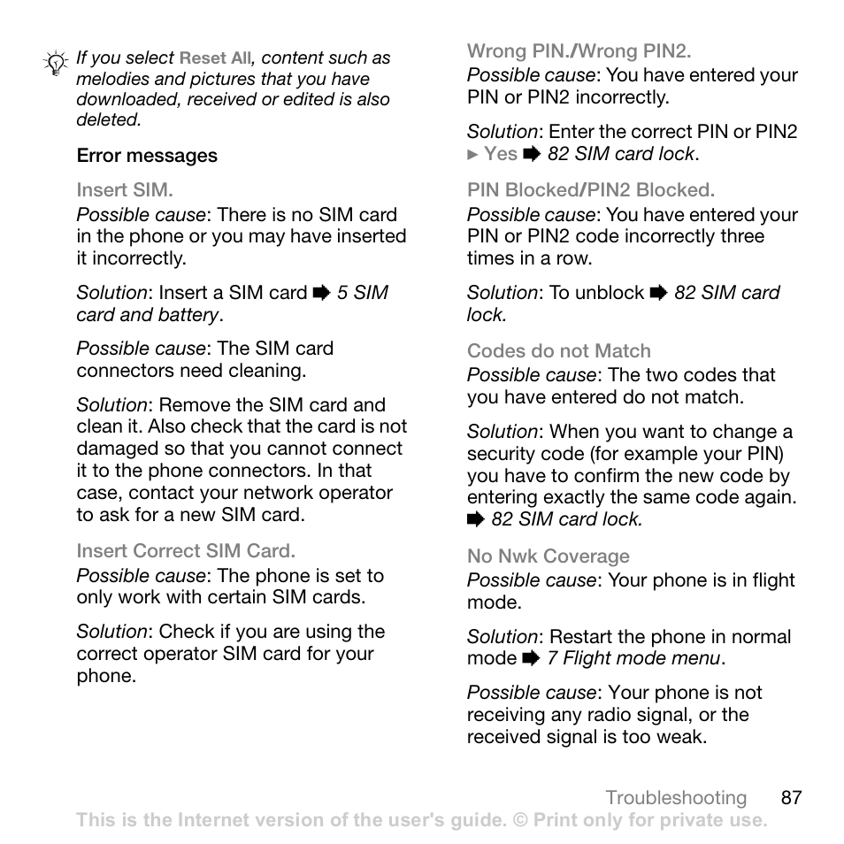 Error messages | Sony Ericsson Z710c User Manual | Page 87 / 99