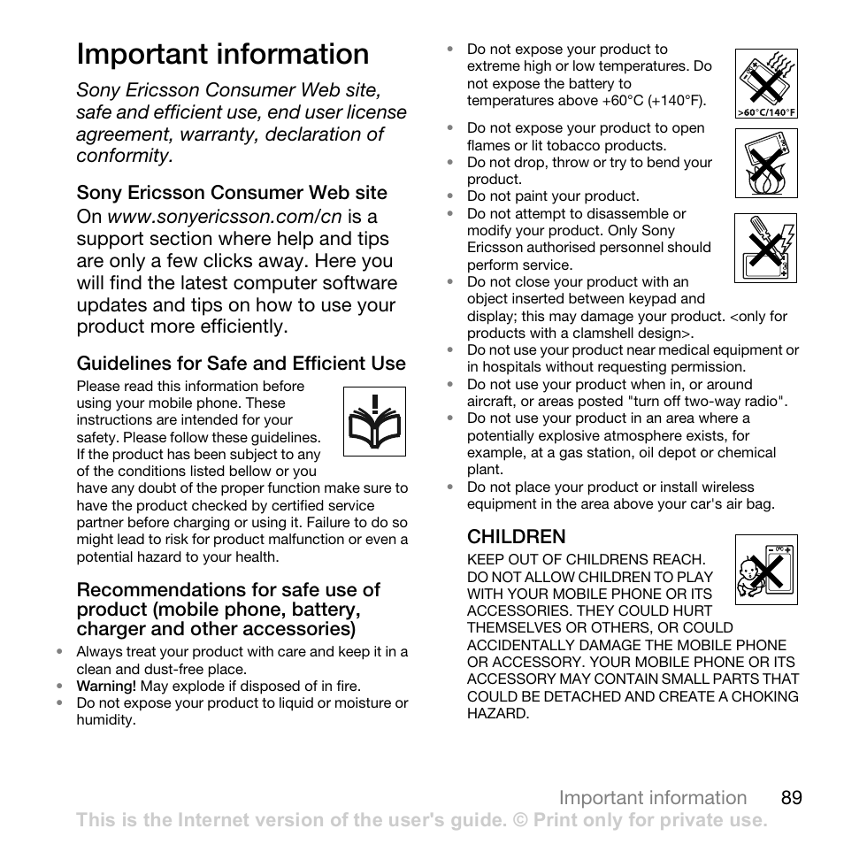 Important information, Sony ericsson consumer web site, Guidelines for safe and efficient use | Children, 89 important information | Sony Ericsson Z710c User Manual | Page 89 / 99