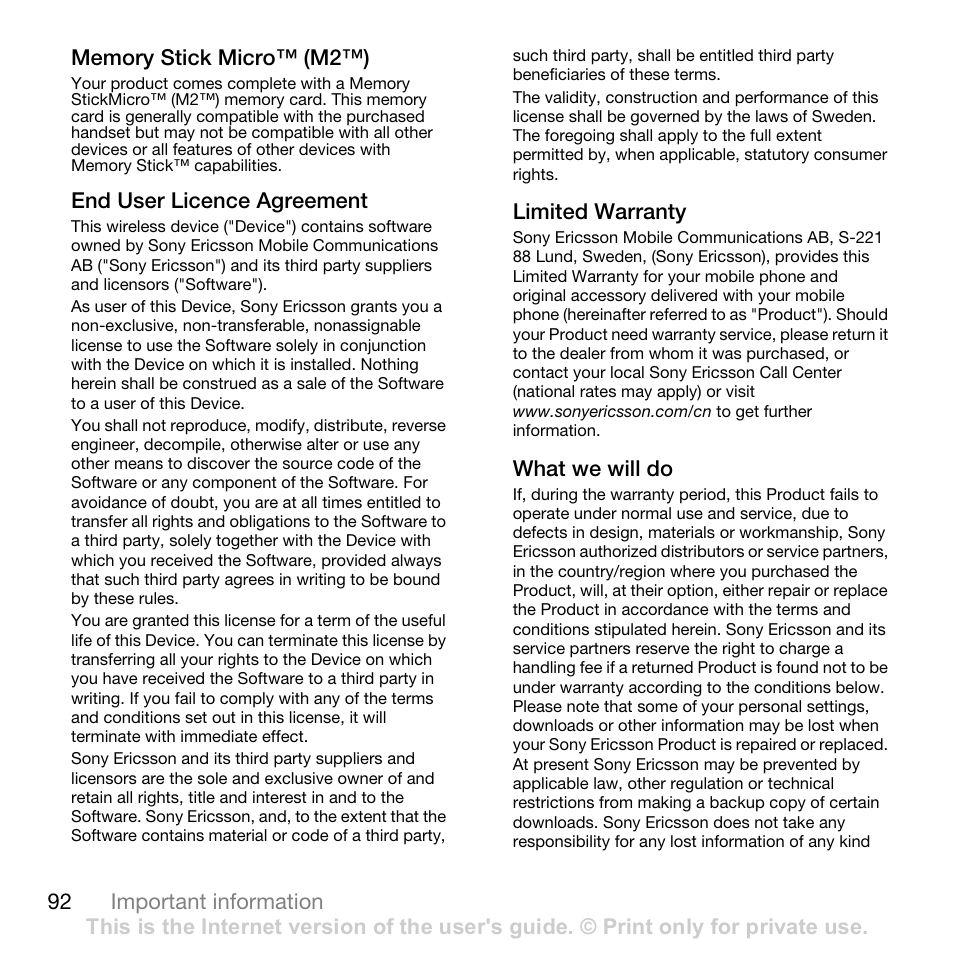 Memory stick micro™ (m2™), End user licence agreement, Limited warranty | What we will do | Sony Ericsson Z710c User Manual | Page 92 / 99