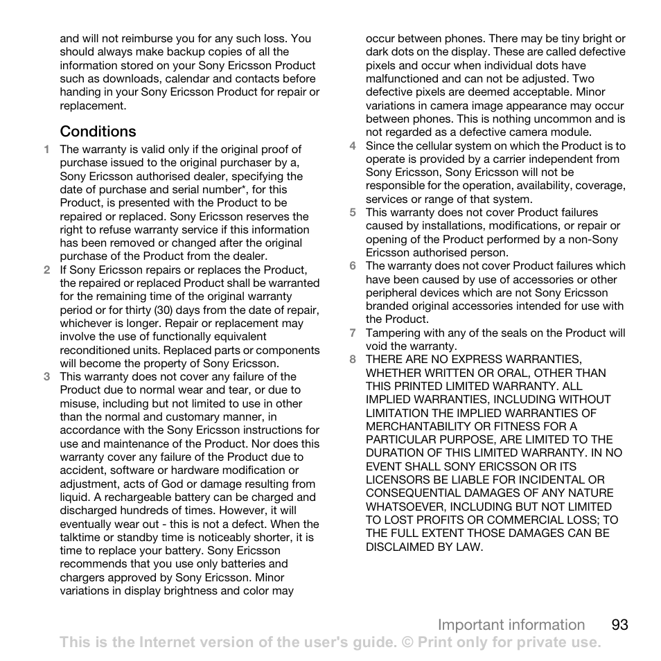 Conditions, 93 important information | Sony Ericsson Z710c User Manual | Page 93 / 99