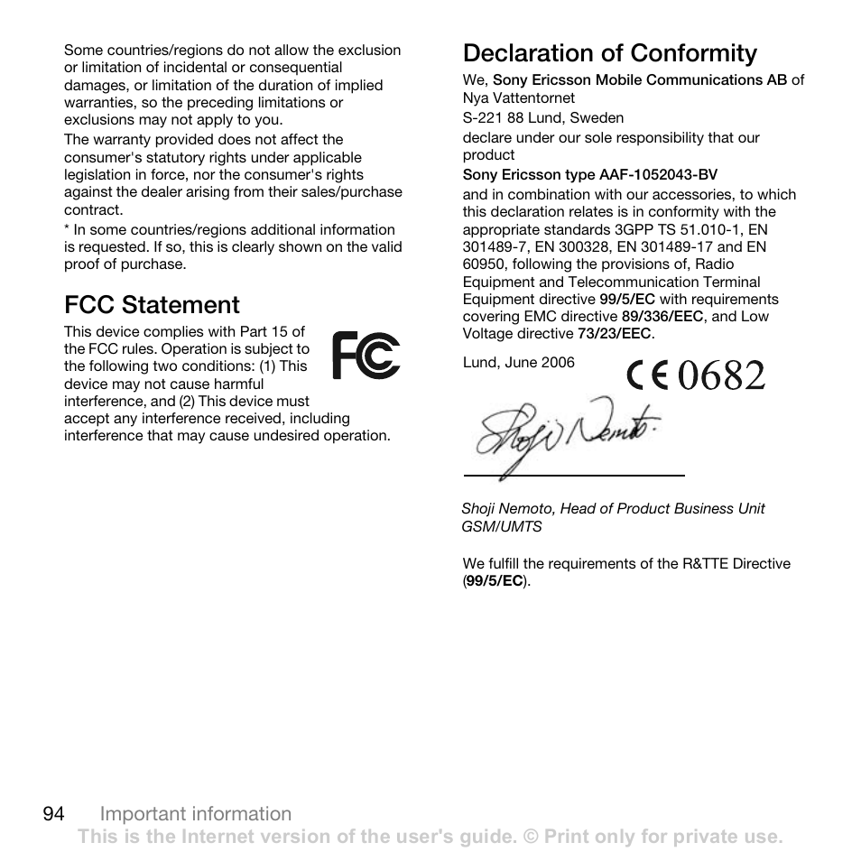 Fcc statement, Declaration of conformity | Sony Ericsson Z710c User Manual | Page 94 / 99