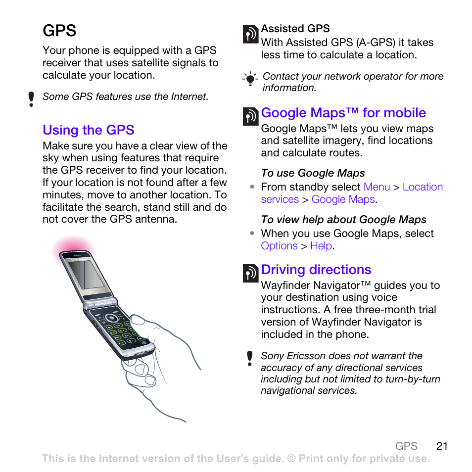 Using the gps, Google maps™ for mobile, Driving directions | Sony Ericsson Z780i User Manual | Page 21 / 86