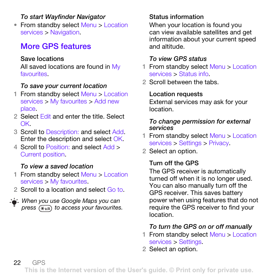 More gps features | Sony Ericsson Z780i User Manual | Page 22 / 86