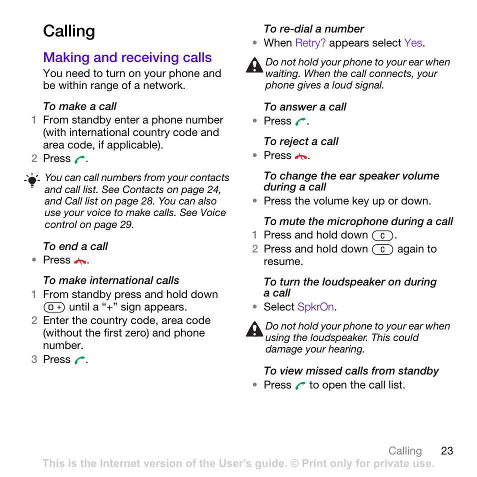 Calling, Making and receiving calls | Sony Ericsson Z780i User Manual | Page 23 / 86