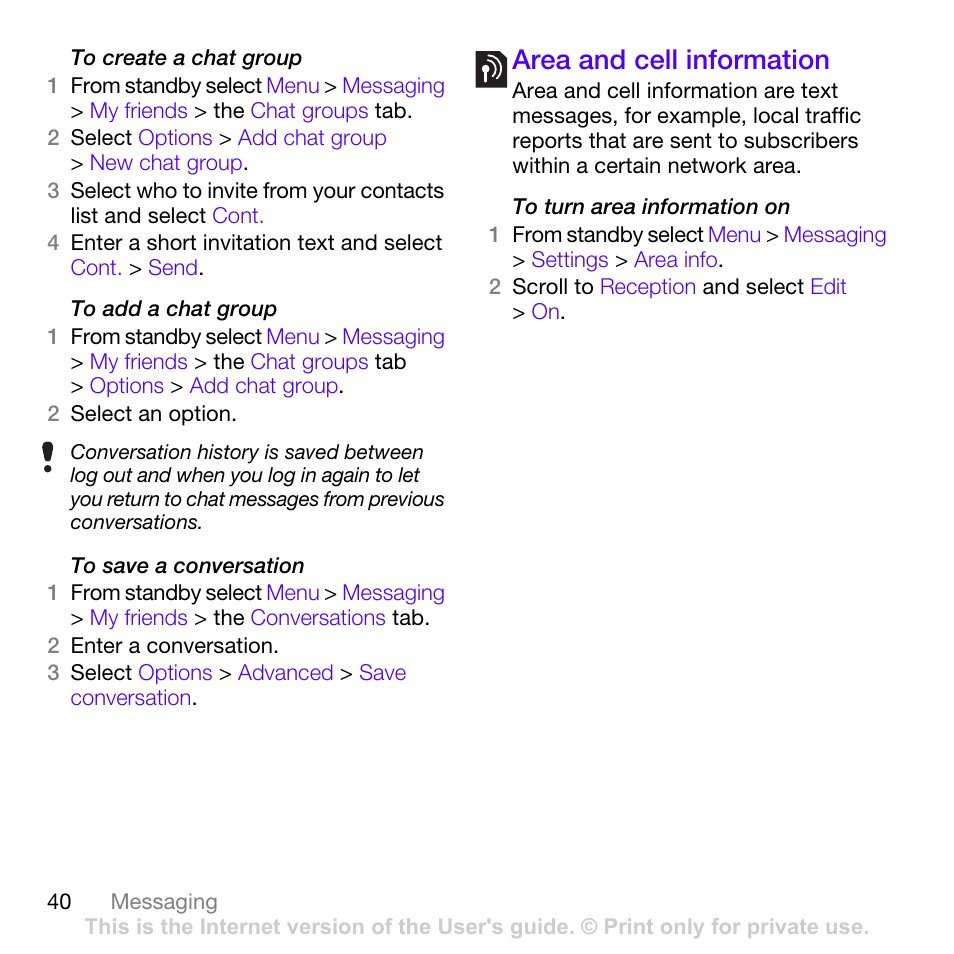 Area and cell information | Sony Ericsson Z780i User Manual | Page 40 / 86