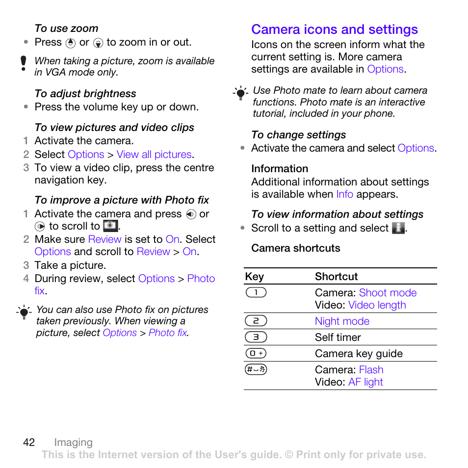 Camera icons and settings | Sony Ericsson Z780i User Manual | Page 42 / 86