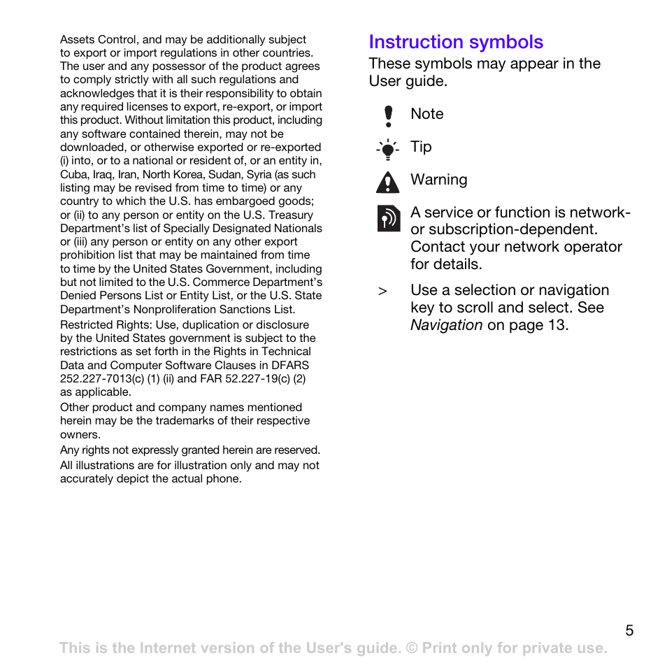 Instruction symbols | Sony Ericsson Z780i User Manual | Page 5 / 86