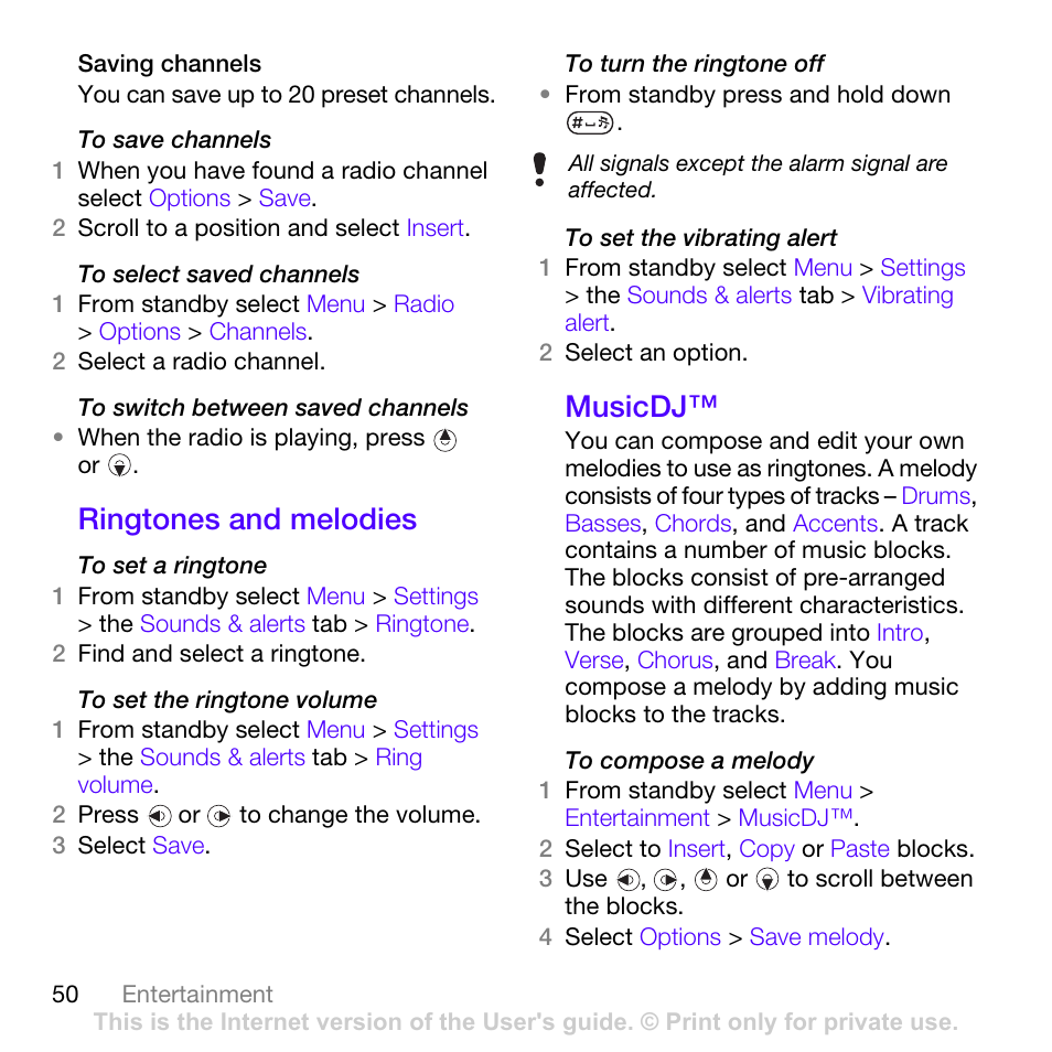 Ringtones and melodies, Musicdj, Ringtones and melodies musicdj | Sony Ericsson Z780i User Manual | Page 50 / 86