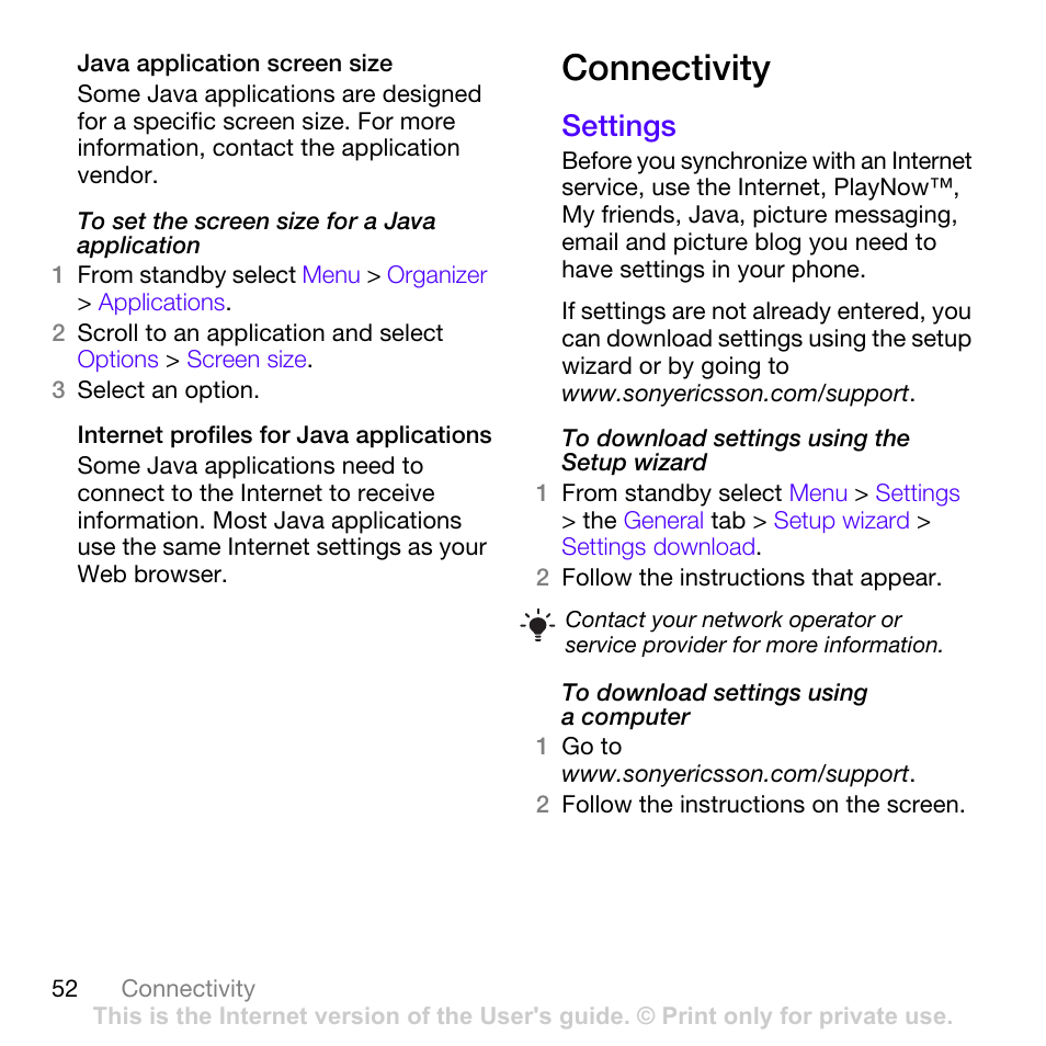 Connectivity, Settings | Sony Ericsson Z780i User Manual | Page 52 / 86