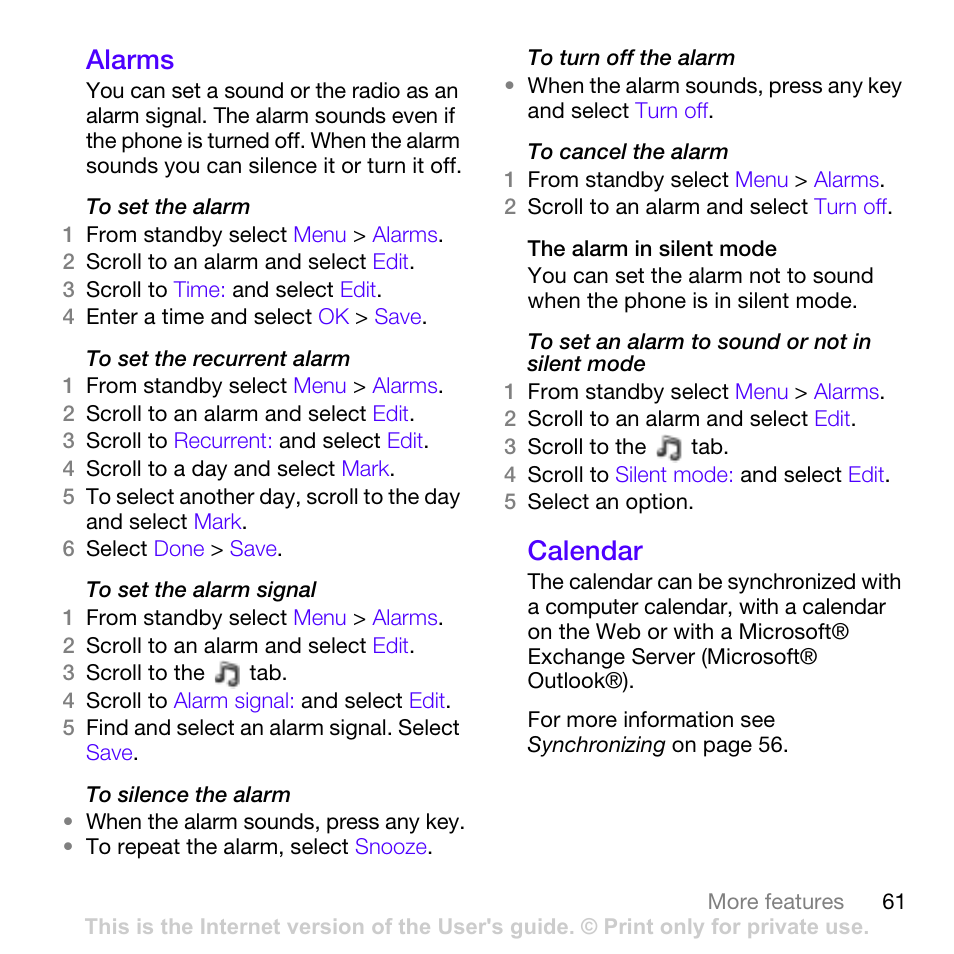 Alarms, Calendar, Alarms calendar | Sony Ericsson Z780i User Manual | Page 61 / 86