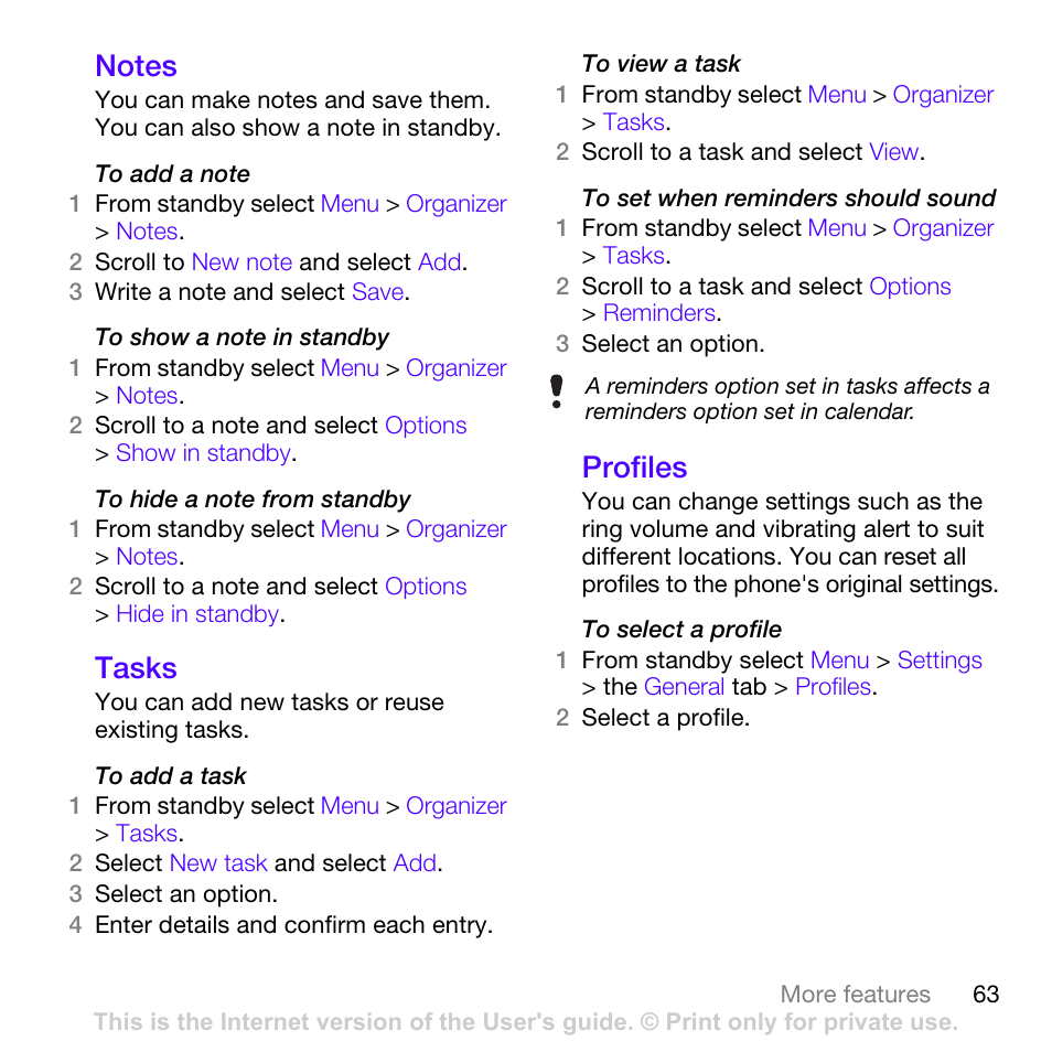 Notes, Tasks, Profiles | Notes tasks profiles | Sony Ericsson Z780i User Manual | Page 63 / 86