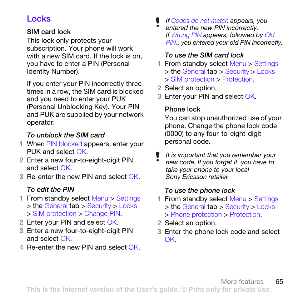 Locks | Sony Ericsson Z780i User Manual | Page 65 / 86