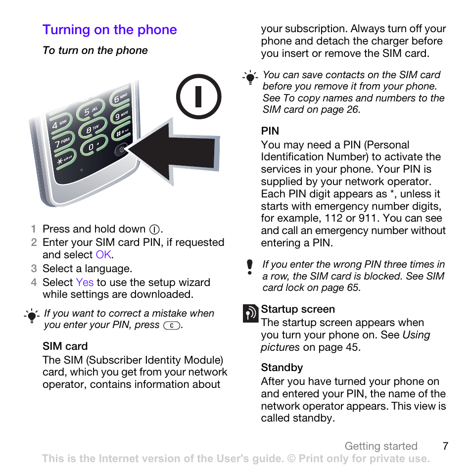 Turning on the phone | Sony Ericsson Z780i User Manual | Page 7 / 86