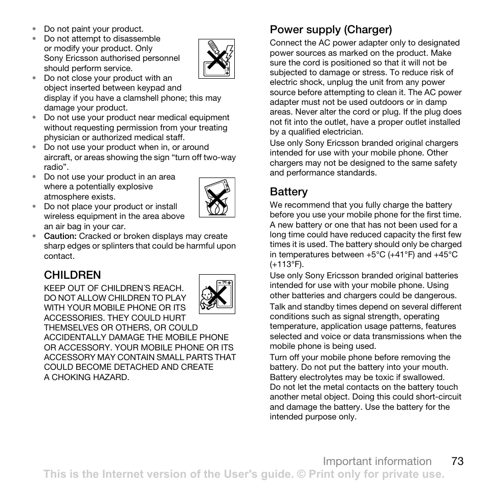 73 important information, Children, Power supply (charger) | Battery | Sony Ericsson Z780i User Manual | Page 73 / 86