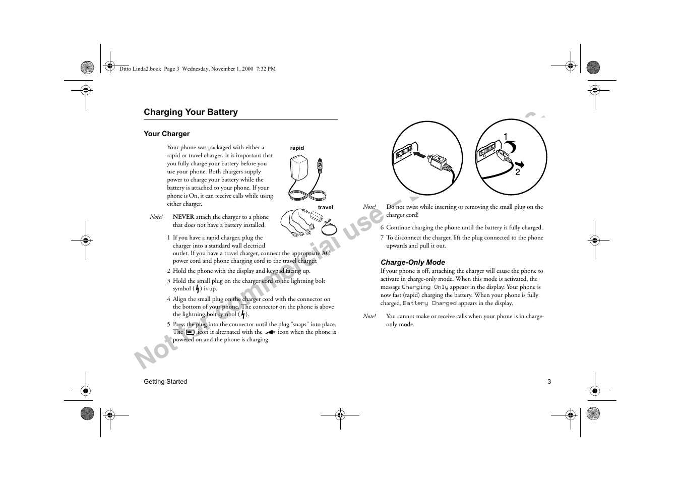 Charging your battery, Your charger, Not for commercial use – ericsson inc | Sony Ericsson R278d User Manual | Page 10 / 77