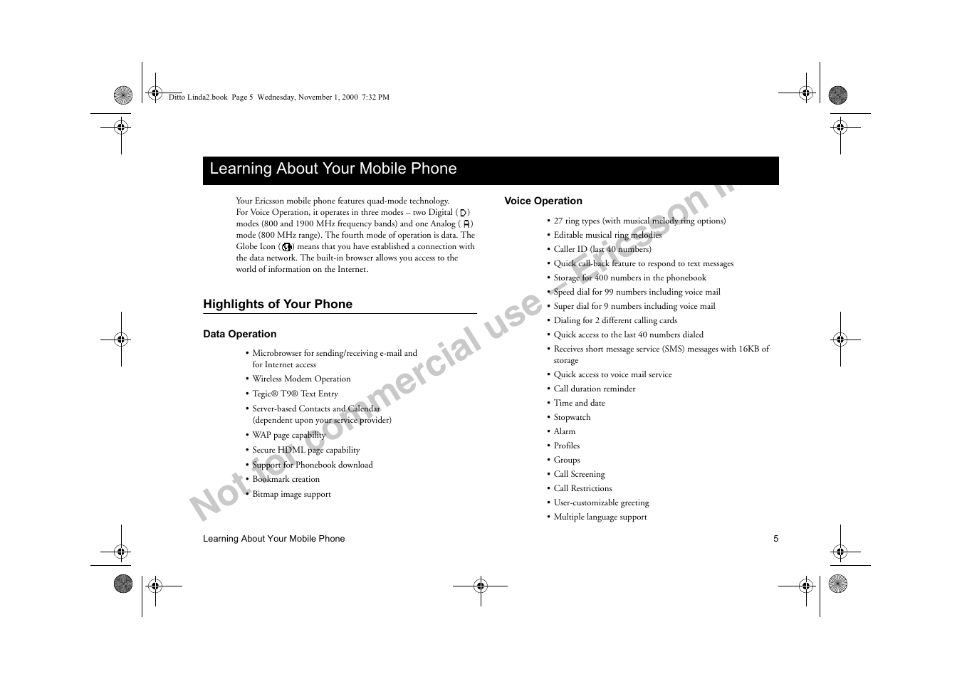 Learning about your mobile phone, Highlights of your phone, Hduqlqj $erxw <rxu 0reloh 3krqh | Data operation voice operation, Not for commercial use – ericsson inc | Sony Ericsson R278d User Manual | Page 12 / 77