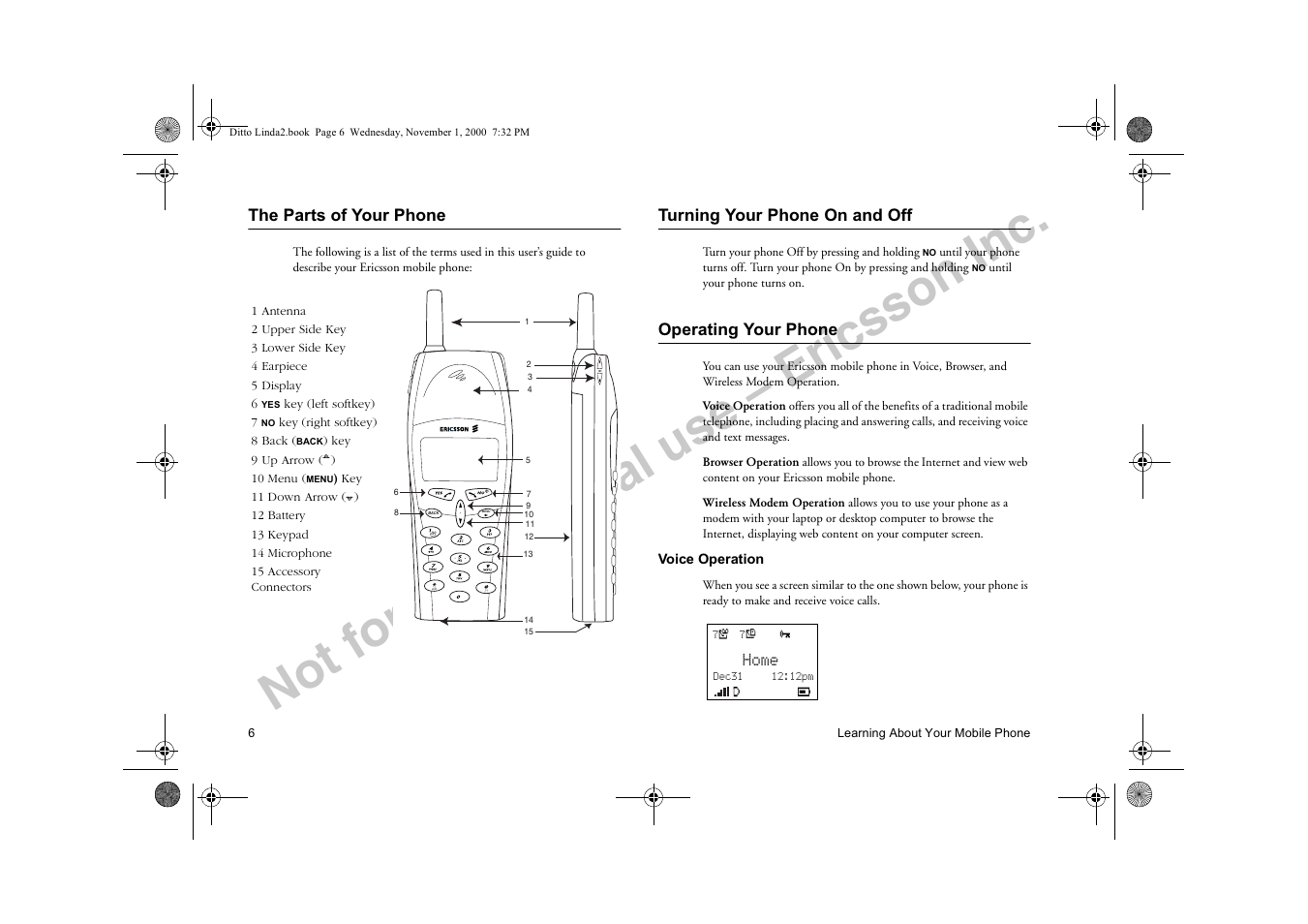 The parts of your phone, Turning your phone on and off, Operating your phone | Voice operation, Not for commercial use – ericsson inc | Sony Ericsson R278d User Manual | Page 13 / 77