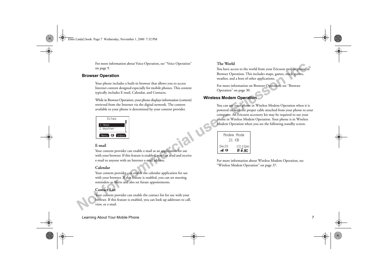 Commercial, Browser operation wireless modem operation, Not for commercial use – ericsson inc | Sony Ericsson R278d User Manual | Page 14 / 77