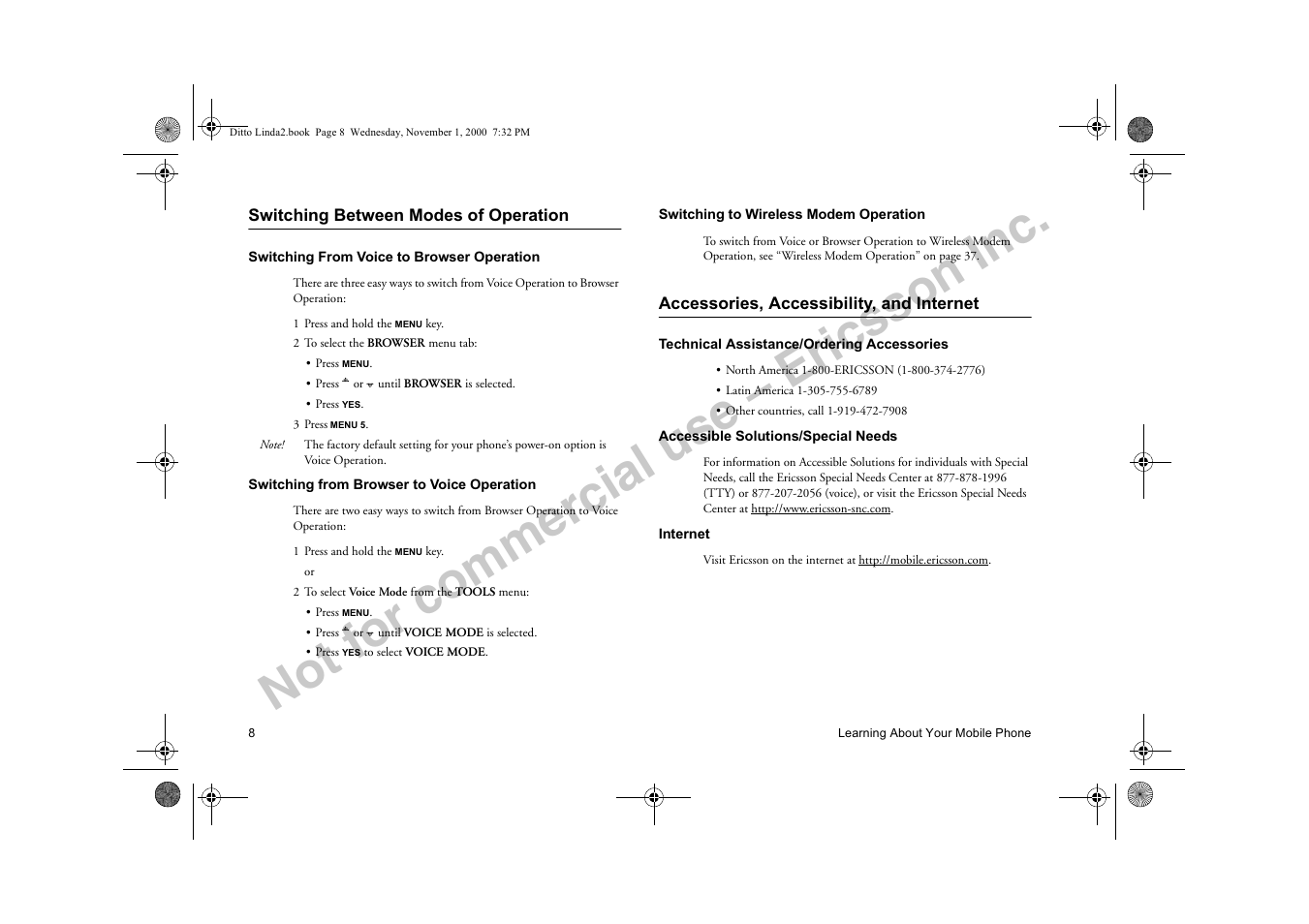 Switching between modes of operation, Accessories, accessibility, and internet, Not for commercial use – ericsson inc | Sony Ericsson R278d User Manual | Page 15 / 77