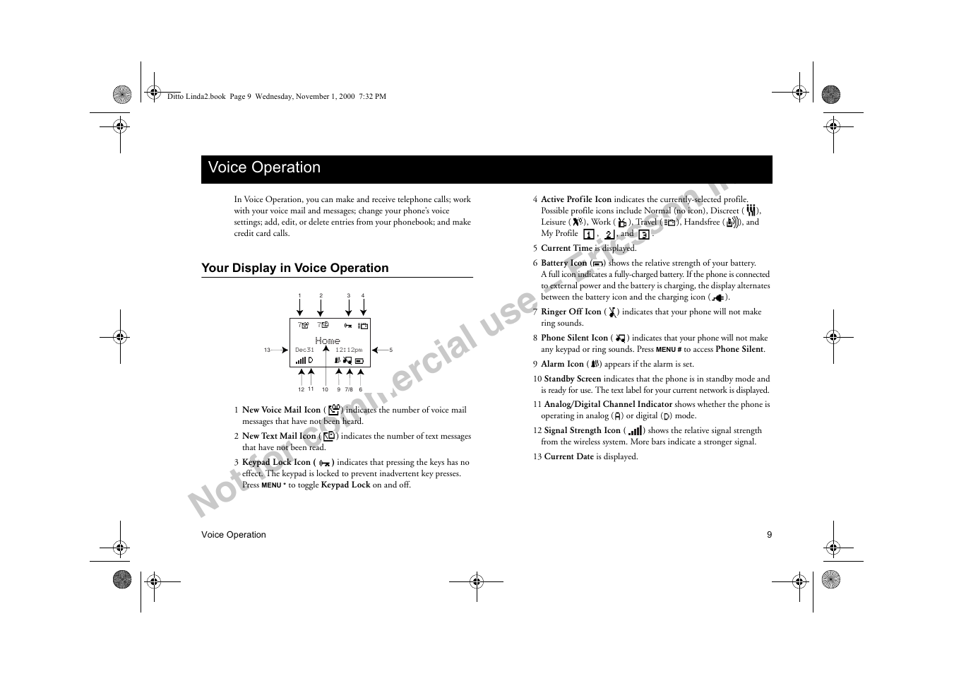 Voice operation, Your display in voice operation, Ericsson | 9rlfh 2shudwlrq, Not for commercial use – ericsson inc | Sony Ericsson R278d User Manual | Page 16 / 77