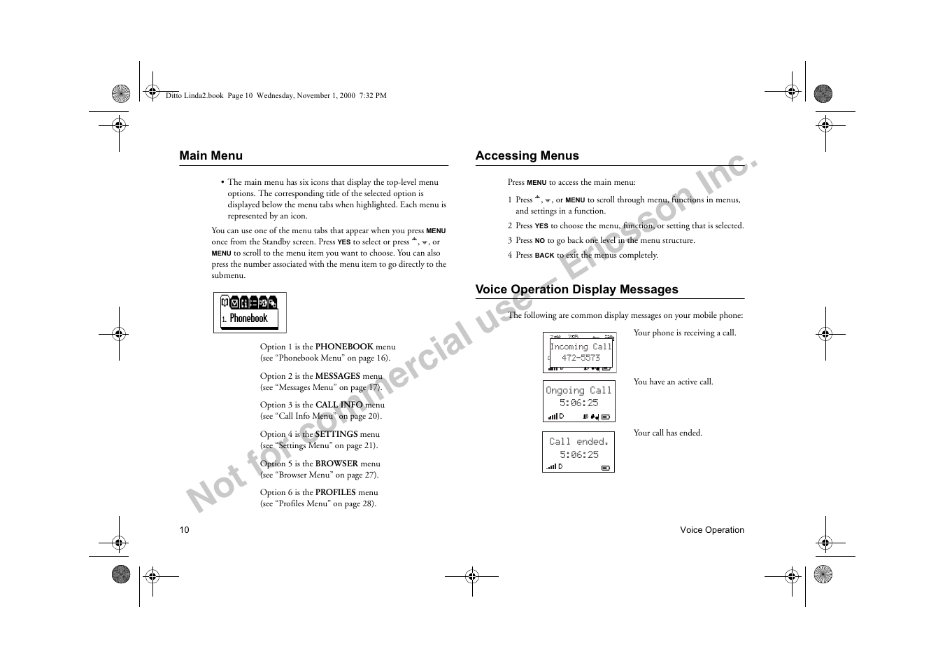 Main menu, Accessing menus, Voice operation display messages | Not for commercial use – ericsson inc | Sony Ericsson R278d User Manual | Page 17 / 77