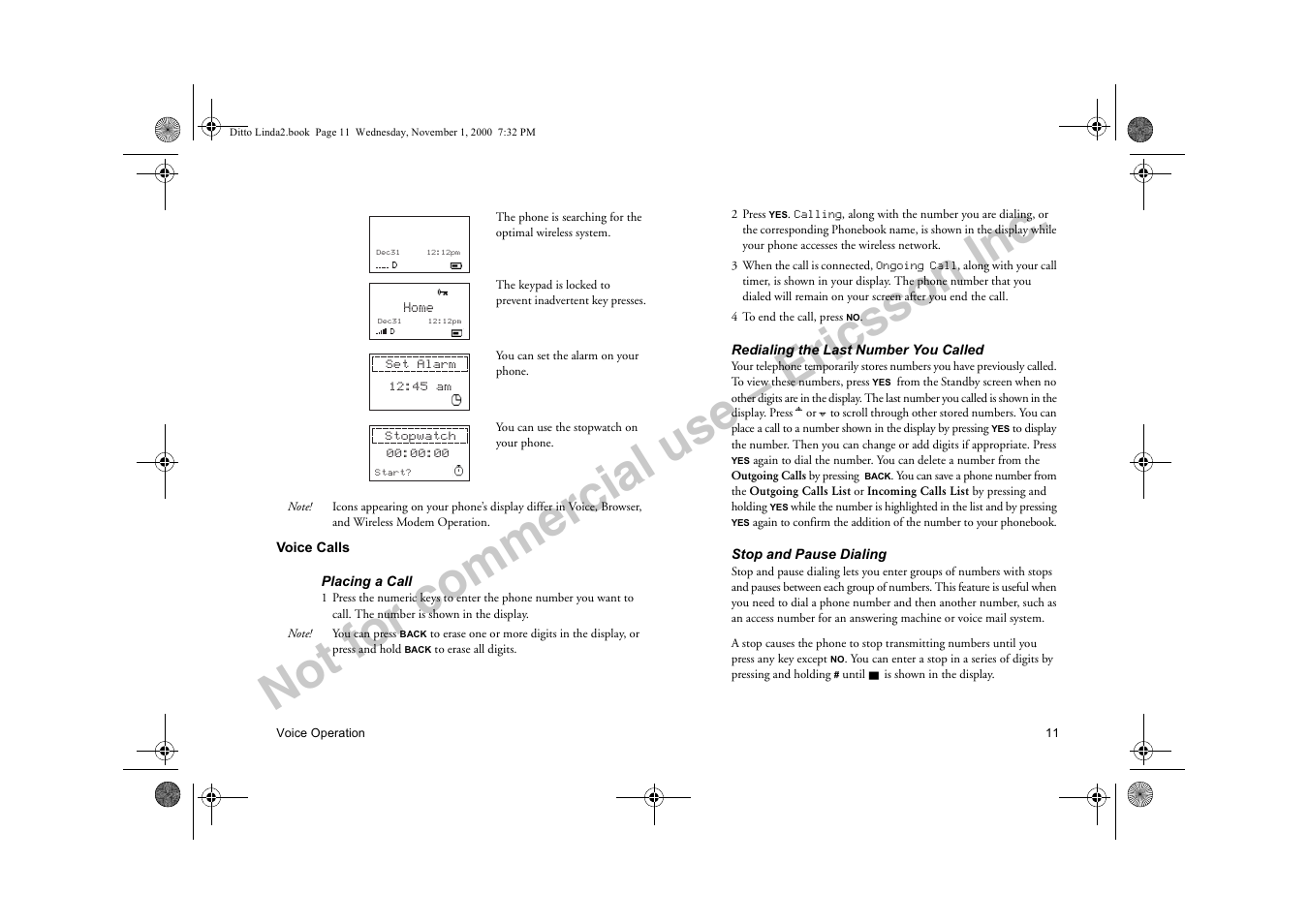 Voice calls, Not for commercial use – ericsson inc | Sony Ericsson R278d User Manual | Page 18 / 77