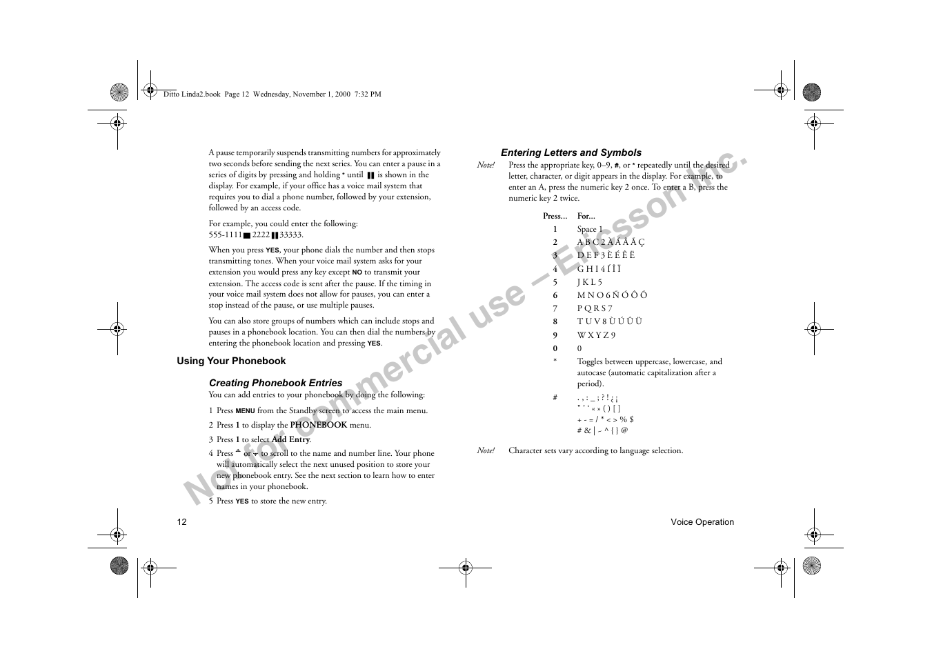 Using your phonebook, Not for commercial use – ericsson inc | Sony Ericsson R278d User Manual | Page 19 / 77