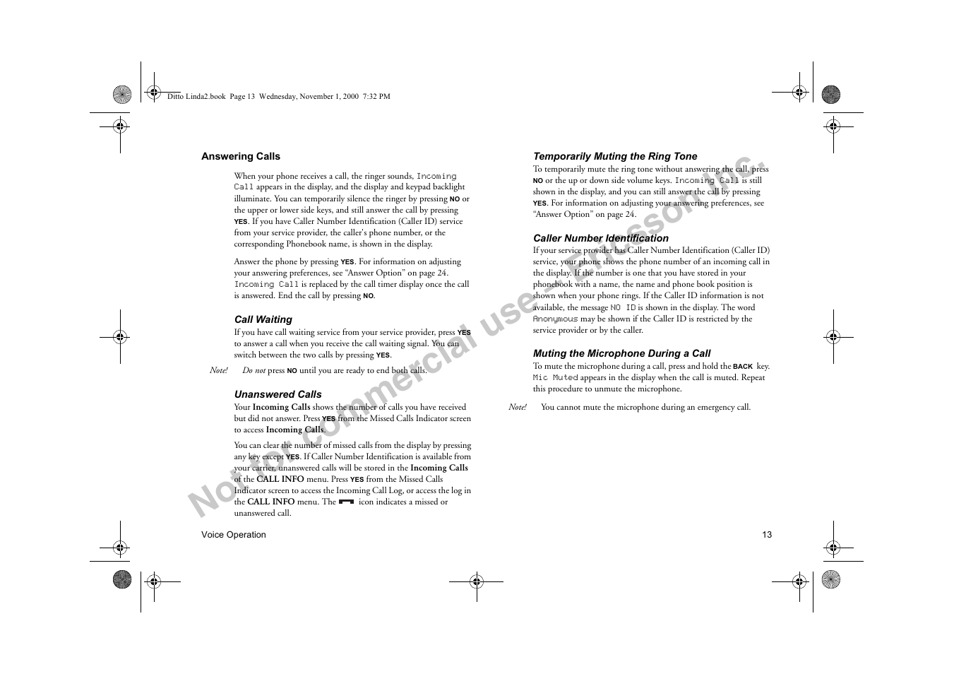 Answering calls, Not for commercial use – ericsson inc | Sony Ericsson R278d User Manual | Page 20 / 77