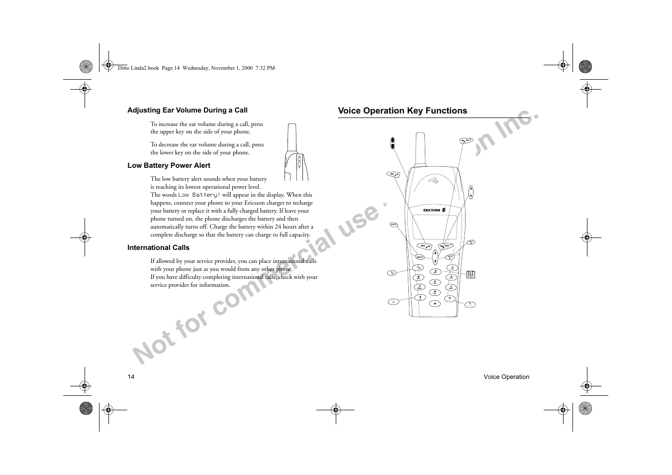 Voice operation key functions, Not for commercial use – ericsson inc | Sony Ericsson R278d User Manual | Page 21 / 77