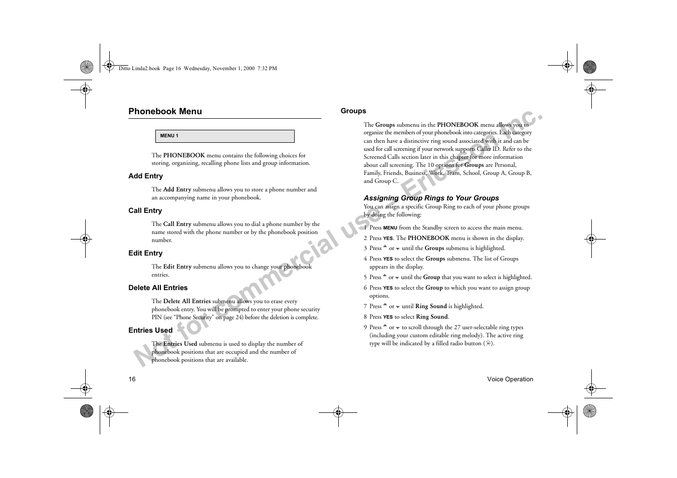 Phonebook menu, Groups, Wser status | Not for commercial use – ericsson inc | Sony Ericsson R278d User Manual | Page 23 / 77