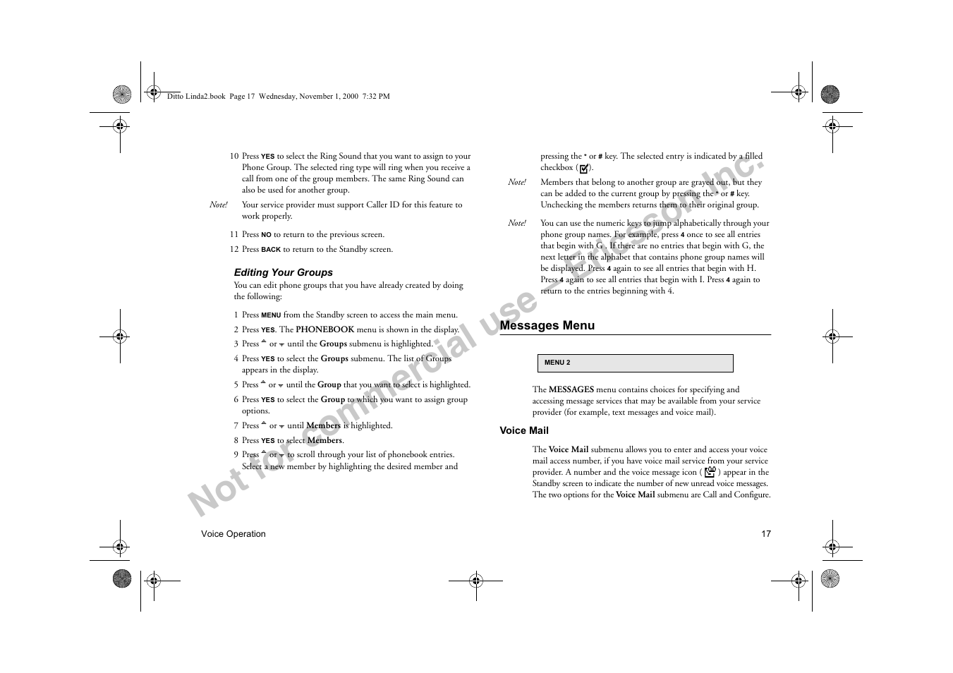 Messages menu, Voice mail, Not for commercial use – ericsson inc | Sony Ericsson R278d User Manual | Page 24 / 77