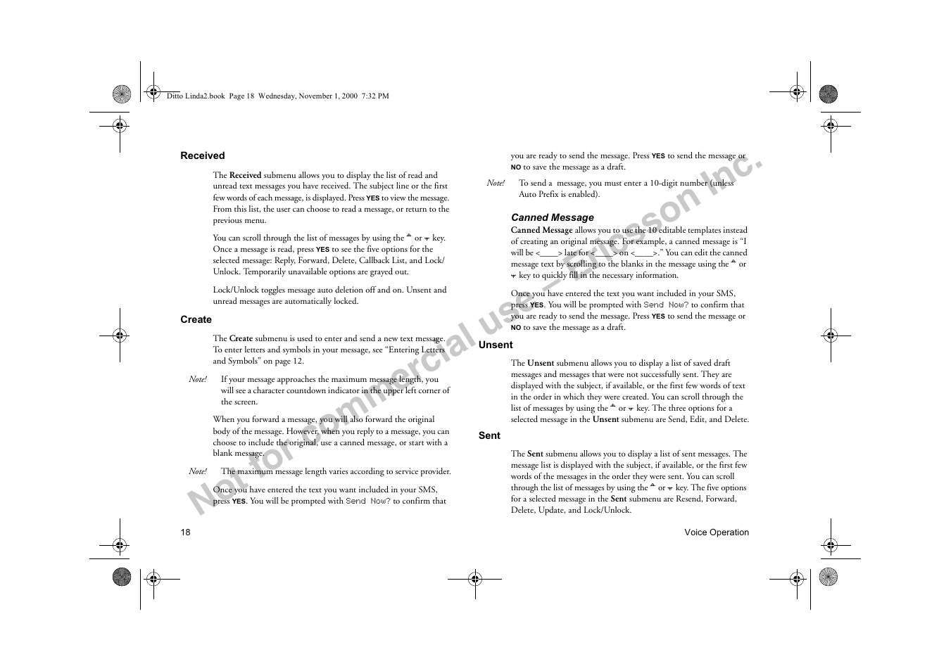 Received create unsent sent, Not for commercial use – ericsson inc | Sony Ericsson R278d User Manual | Page 25 / 77