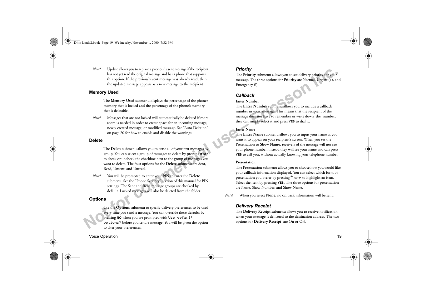 Memory used delete options, Not for commercial use – ericsson inc | Sony Ericsson R278d User Manual | Page 26 / 77