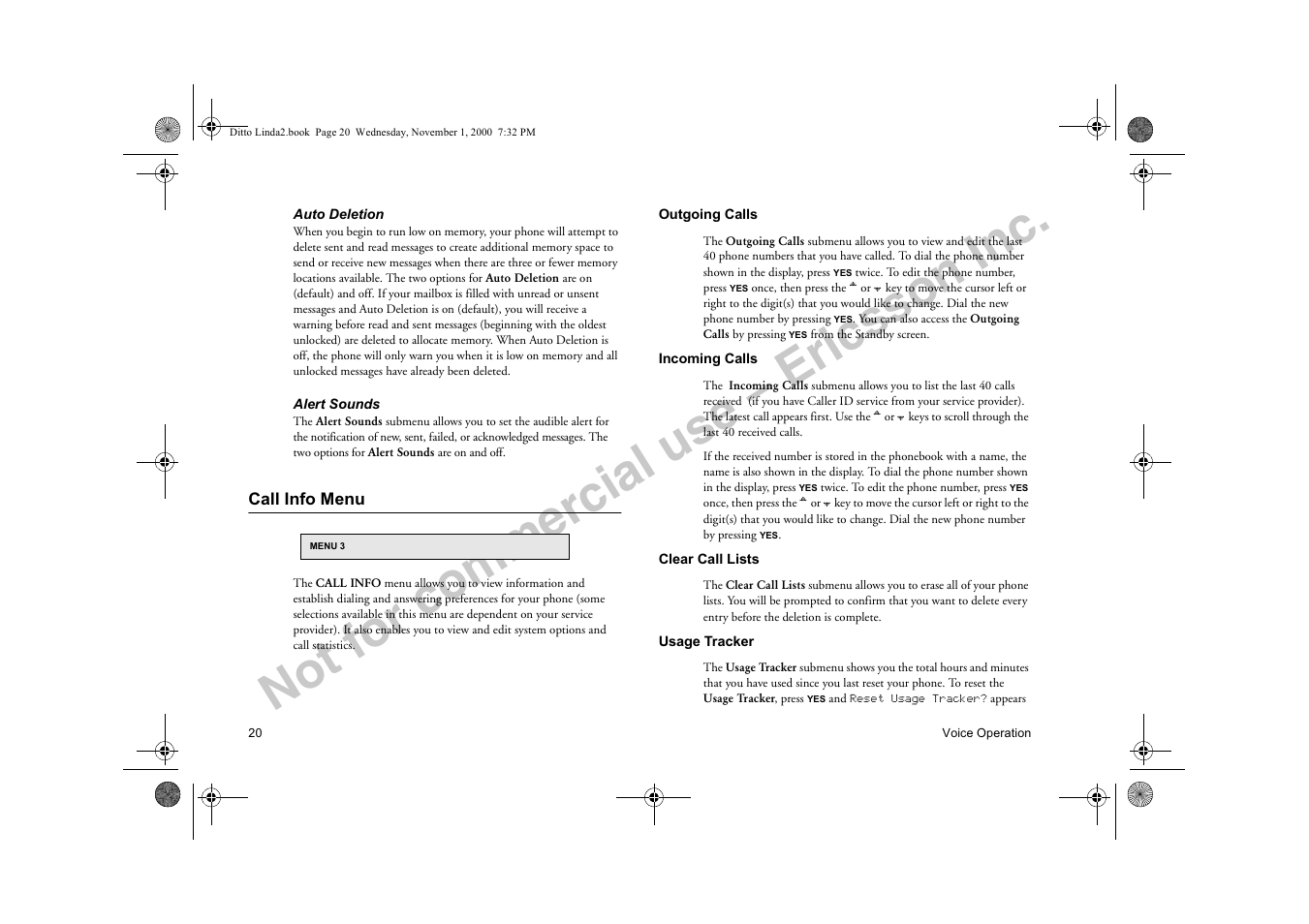 Call info menu, Not for commercial use – ericsson inc | Sony Ericsson R278d User Manual | Page 27 / 77