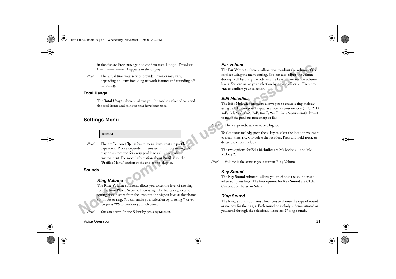 Settings menu, Total usage, Sounds | Not for commercial use – ericsson inc | Sony Ericsson R278d User Manual | Page 28 / 77