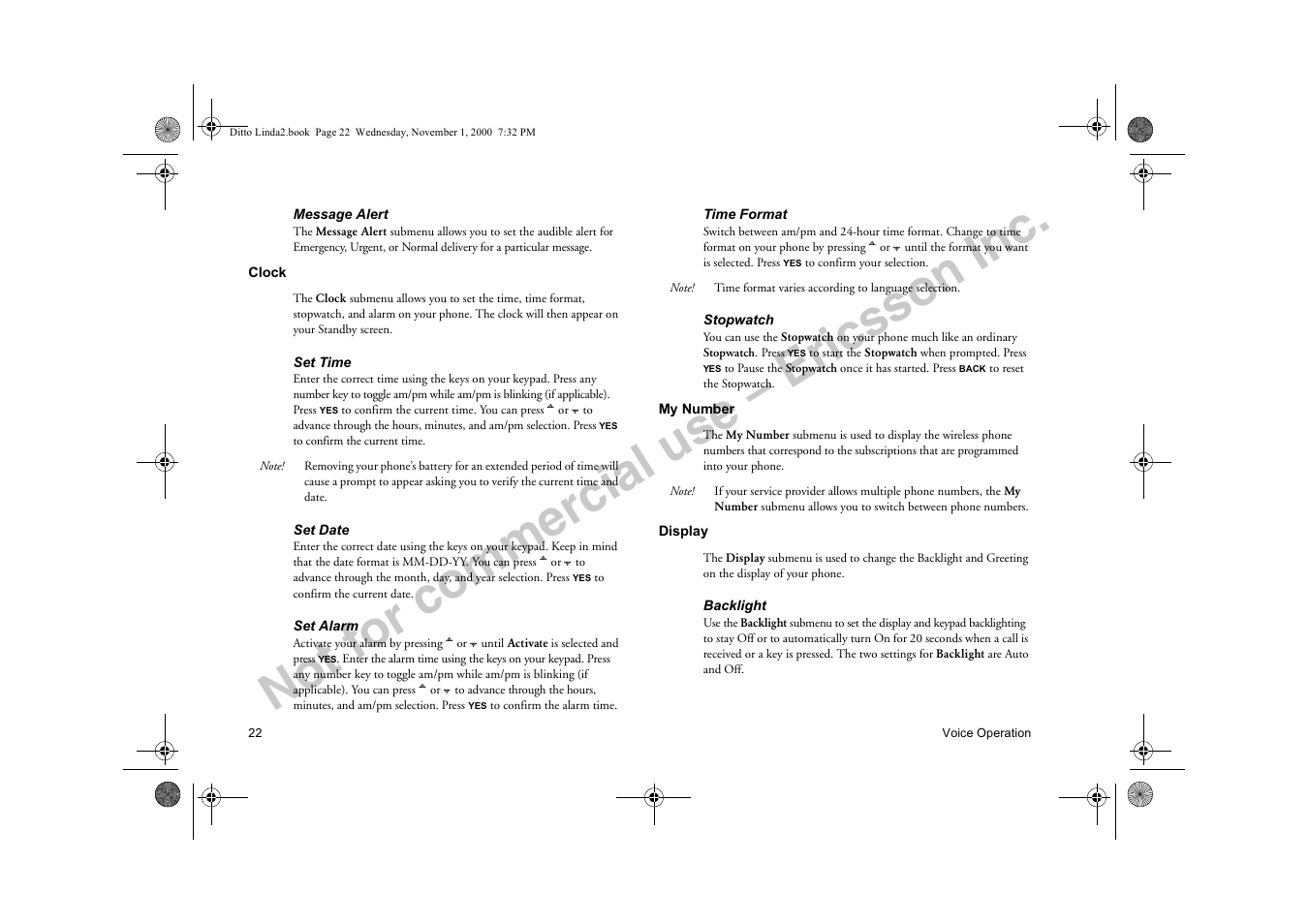 Clock my number display, Not for commercial use – ericsson inc | Sony Ericsson R278d User Manual | Page 29 / 77